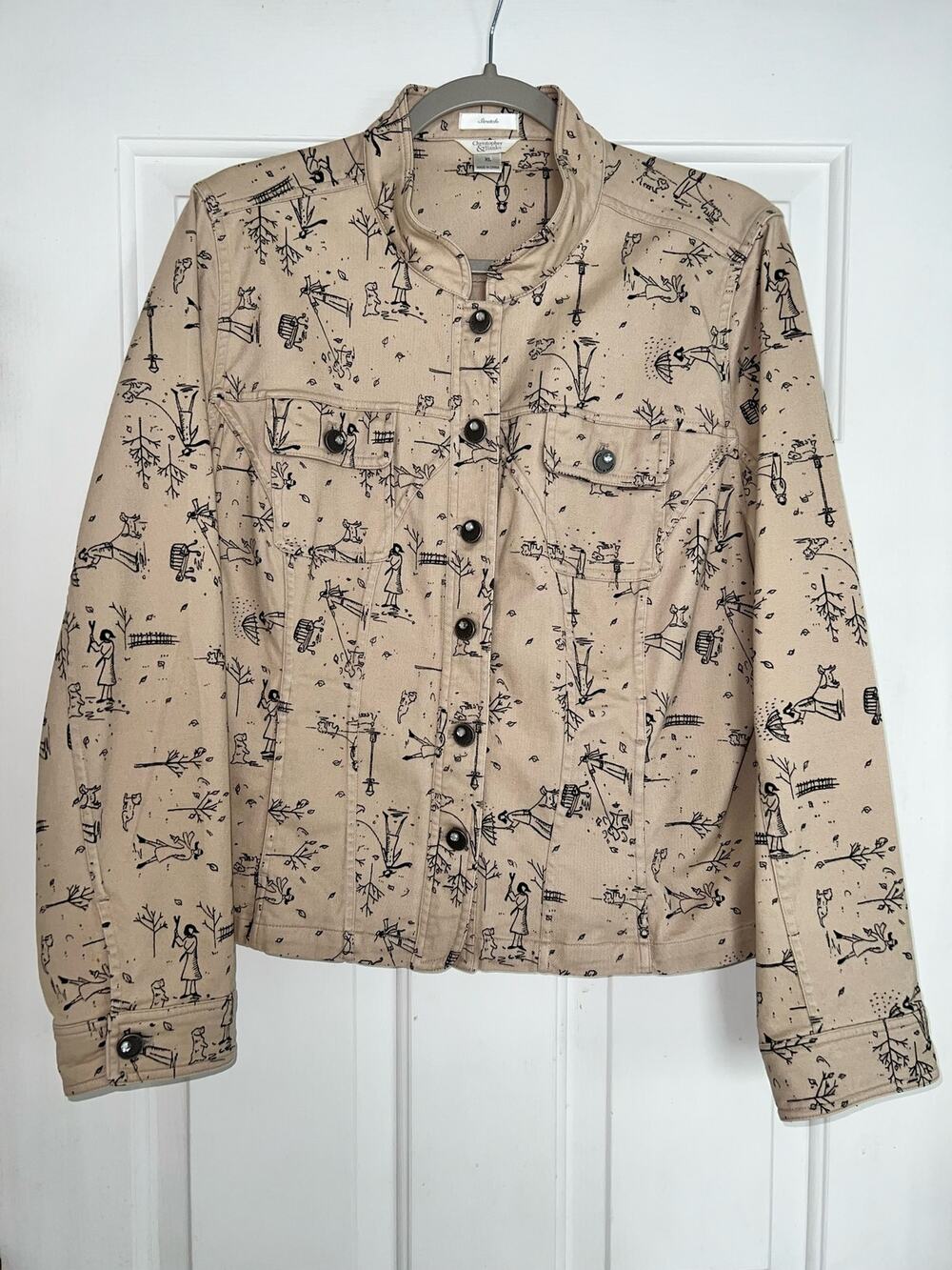 Christopher & Banks Stretch Beige Trucker Jacket Walking Dog All Over Print - XL